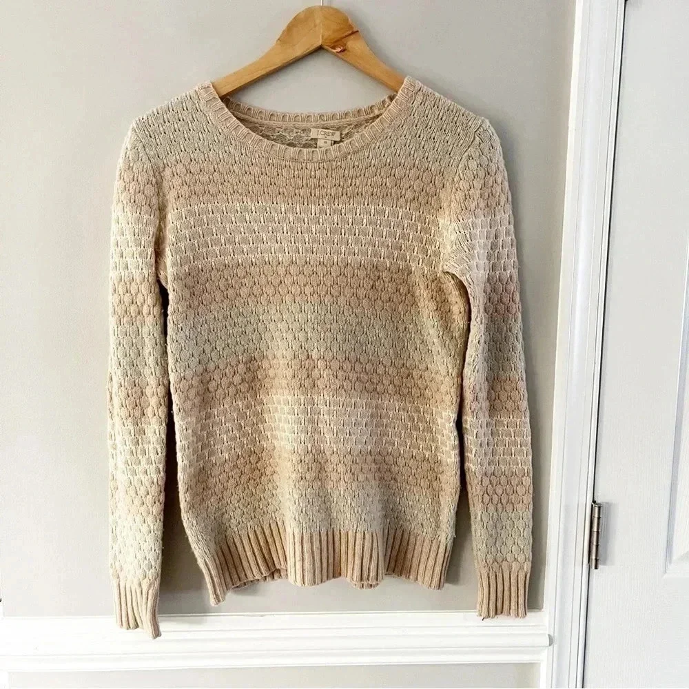 J. Crew Striped Lambswool Neutral Honeycomb-Stitch Sweater Size XS